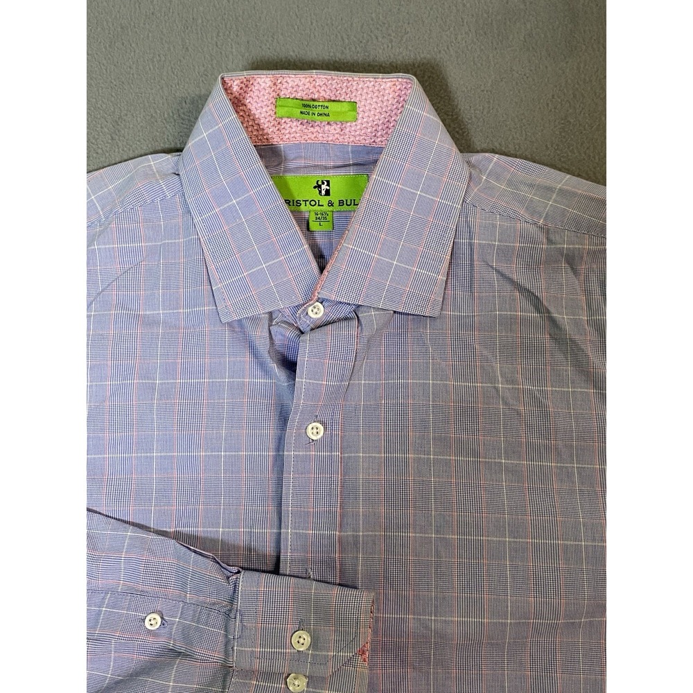 Bristol And Bull Men's Large Micro Plaid Blue / Pink Long Slv Button Up Shirt